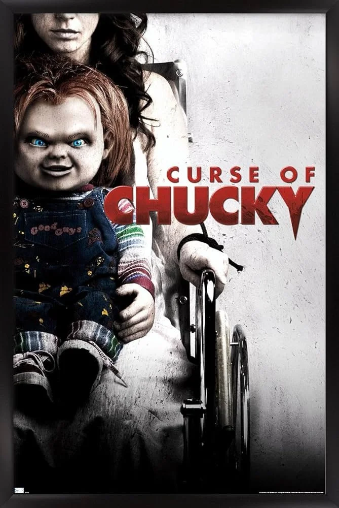 Poster for 'Curse of Chucky' showing a woman in a white dress holding a doll with red hair and blue eyes, and the doll wearing overalls. The poster has a black and white background with red text.