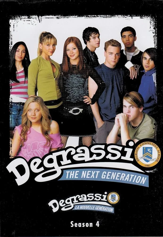 Promo poster for season 4 of the TV show "Degrassi: The Next Generation," featuring a group of diverse teenagers standing and sitting together against a white background, with the show's title and logos.