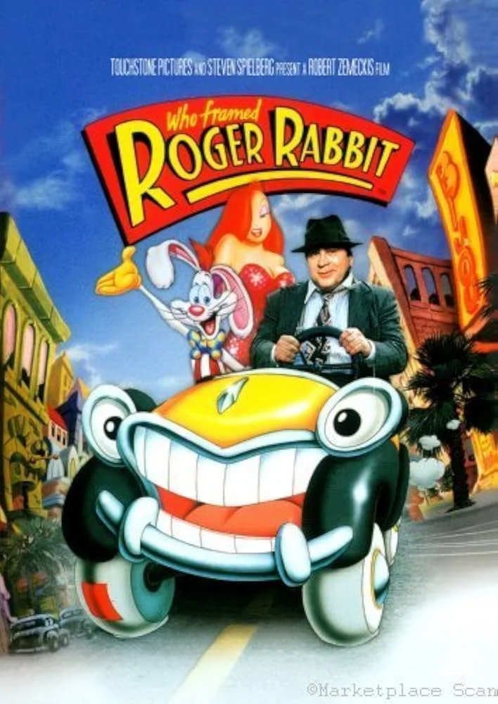 Movie poster for 'Who Framed Roger Rabbit' featuring a cartoon car with a big smile, a woman with red hair, and a man in a hat driving the car on a city street.