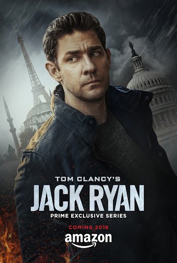 Promotional poster for Amazon's 'Tom Clancy's Jack Ryan' series featuring a man with dark hair, wearing a dark jacket, with the Capitol building and Eiffel Tower in the background, and rain falling.