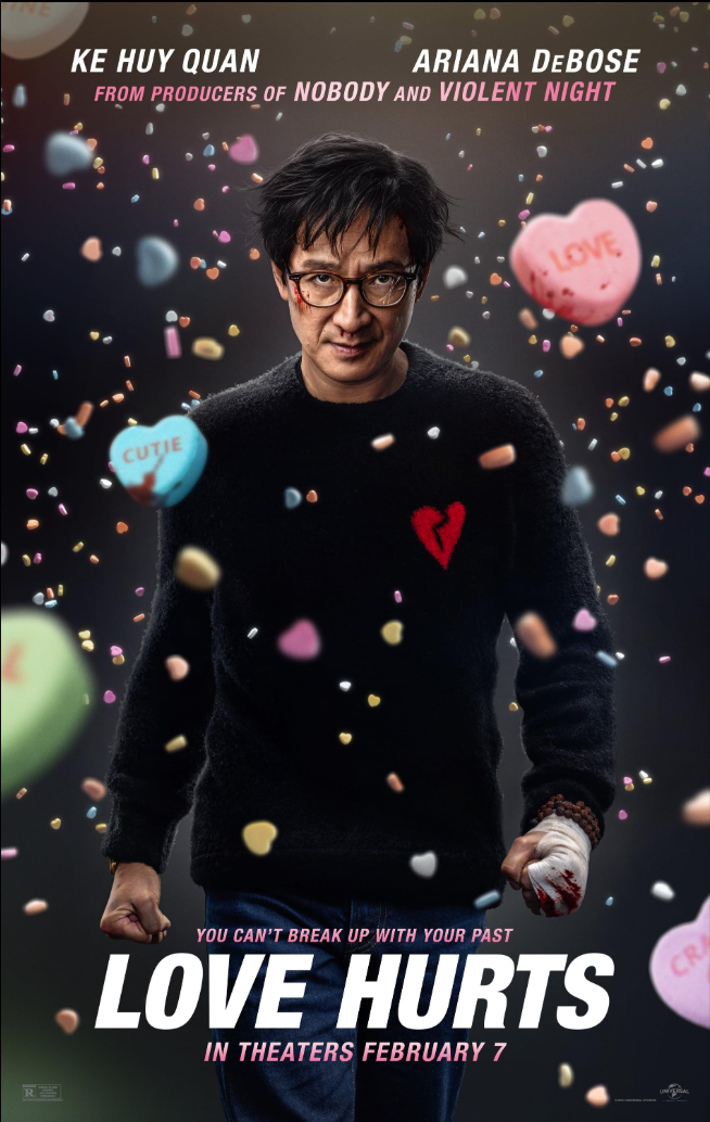 Movie poster for 'Love Hurts' featuring Ke Huy Quan and Ariana DeBose, with Quentin Tarantino's name noted as producer. The poster shows a man with glasses and a black sweater with a broken red heart, surrounded by colorful confetti and heart-shaped 
