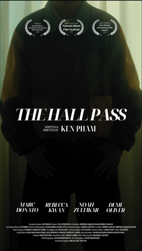 Cover of a film titled 'The All Pass' directed by Ken Pham with awards from various film festivals at the top, including Toronto Short Film Festival. The person on the cover is wearing a black jacket with tan sleeves, hands in pockets. The cast inclu