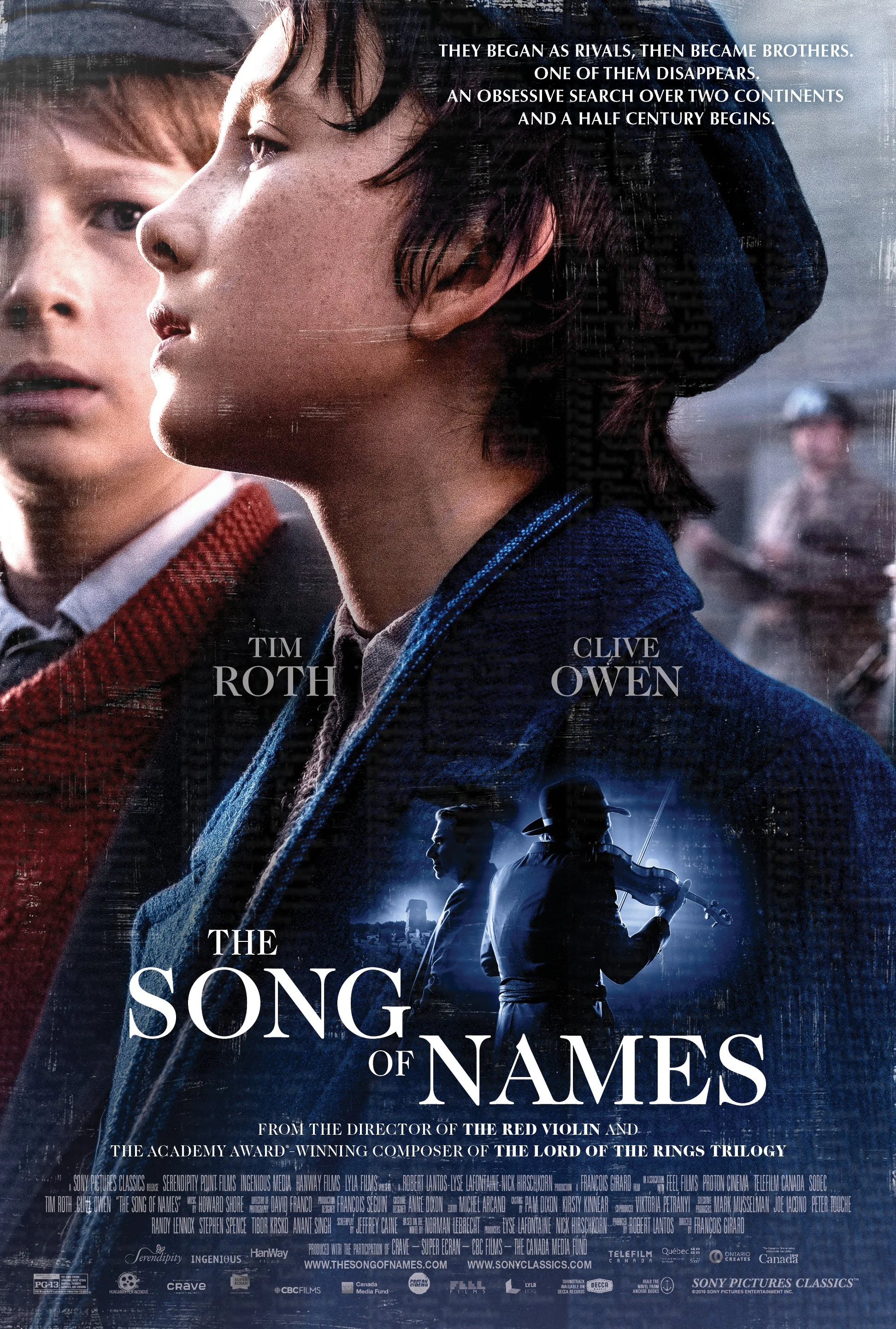 Movie poster for 'The Song of Names' featuring close-up of two boys, Tim Roth and Clive Owen, with a background of a violin player silhouette and dark urban scene, including rain.