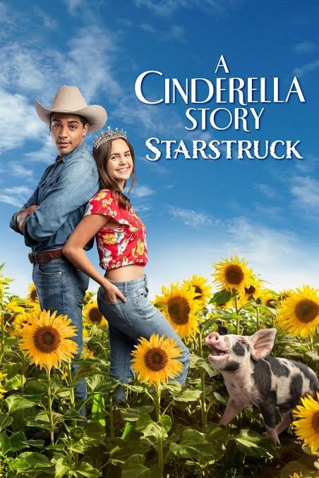 Promotional poster for 'Cinderella Story: Starstruck' featuring a young man in a cowboy hat and a young woman with a tiara, standing amidst sunflowers under a blue sky.