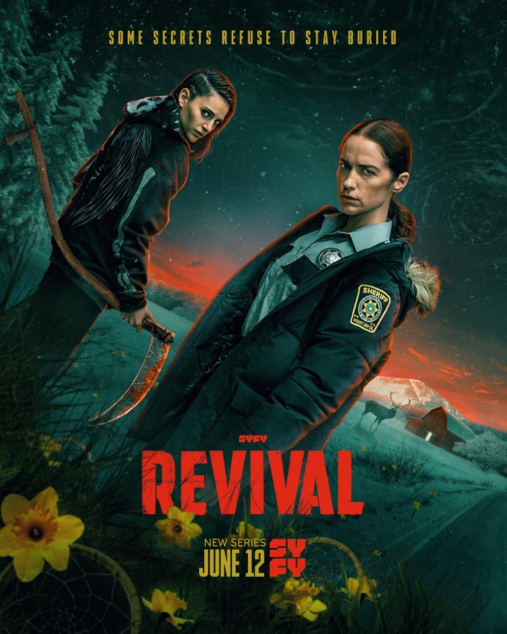 Promotional poster for the TV series 'Revival' featuring two women in investigative roles, one holding a machete, set against a rural landscape with a barn, mountains, and a sunset sky. The tagline reads 'Some secrets refuse to stay buried.'