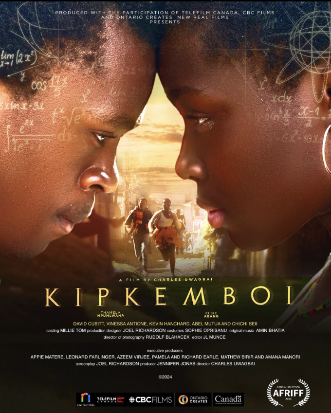 Poster for the film 'Kipke Mboi' featuring close-up images of two children facing each other with mathematical equations overlaid. In the background, two adults run through a street at sunset. The poster includes credits and logos for CBC Films, Tele