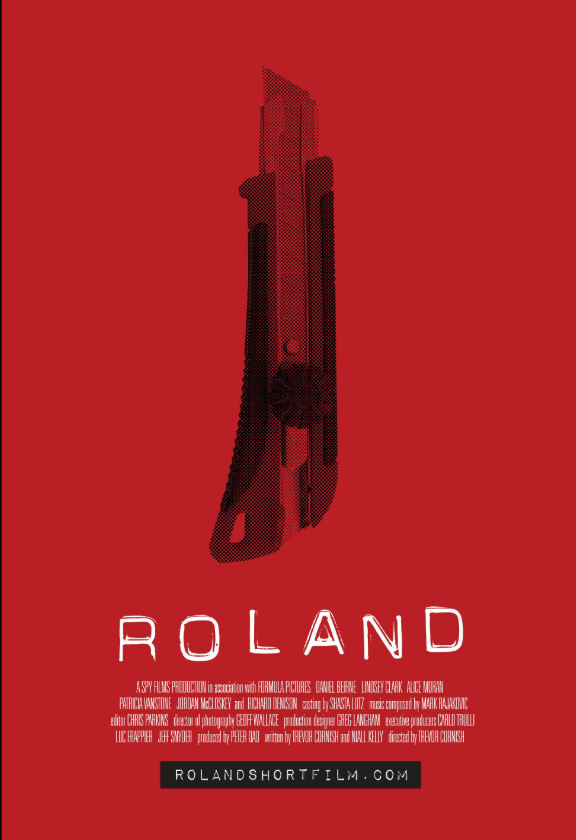 Poster for the film 'Roland' featuring a pixelated handgun on a red background.