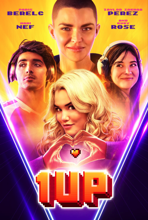 A colorful poster for the show '1UP' featuring four young characters with a vibrant, neon-lit background. The main character at the bottom center is a blonde woman forming a heart shape with her hands. Other characters include a woman with dark hair 