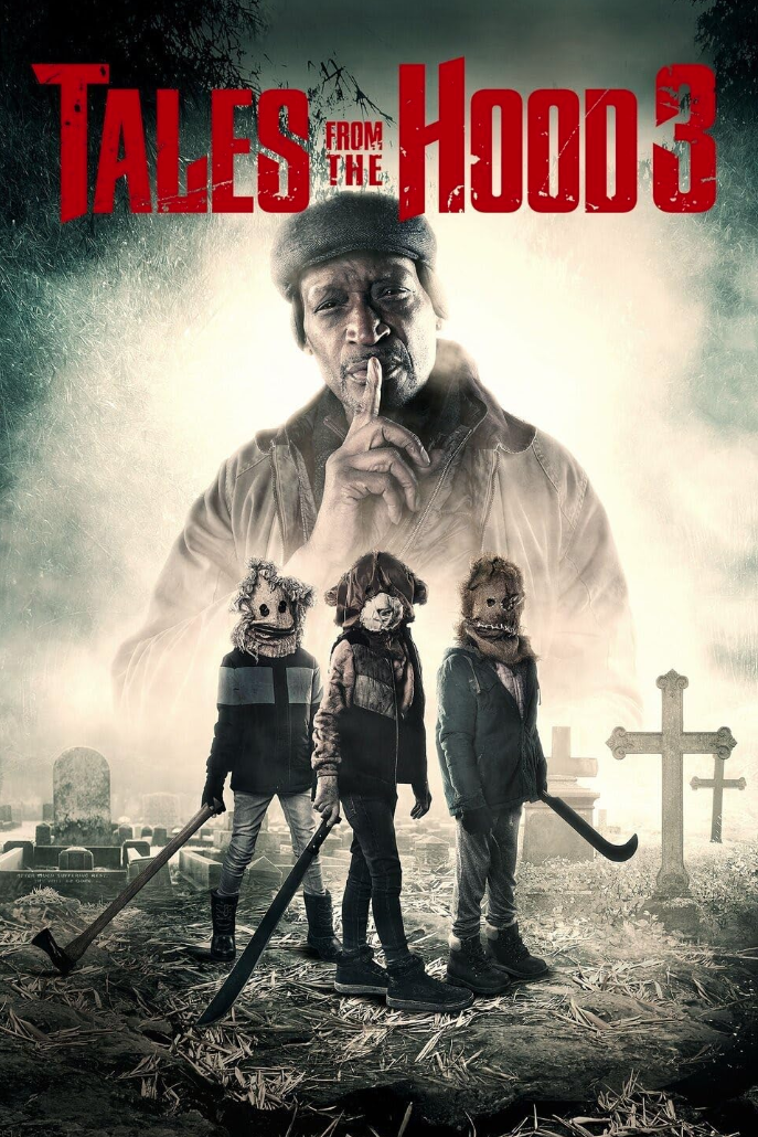 A promotional poster for 'Tales from the Hood 3' featuring a large man with a finger to his lips in a shushing gesture, and three children wearing creepy masks holding hockey sticks in a graveyard with tombstones and a cross in the background.