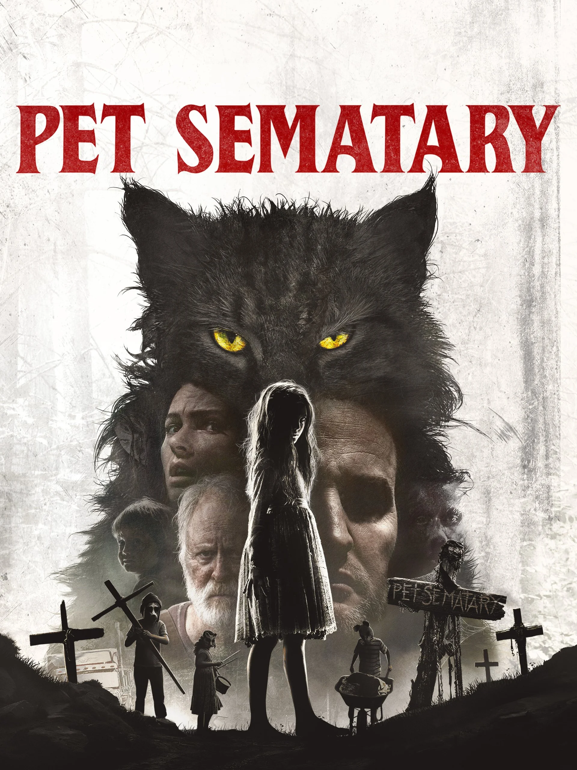 Poster for the movie 'Pet Sematary' showing a large black cat with yellow eyes at the top, with faces of people below, including a girl with long hair, an older man, and a woman, set against a dark, eerie background with crosses and graves.