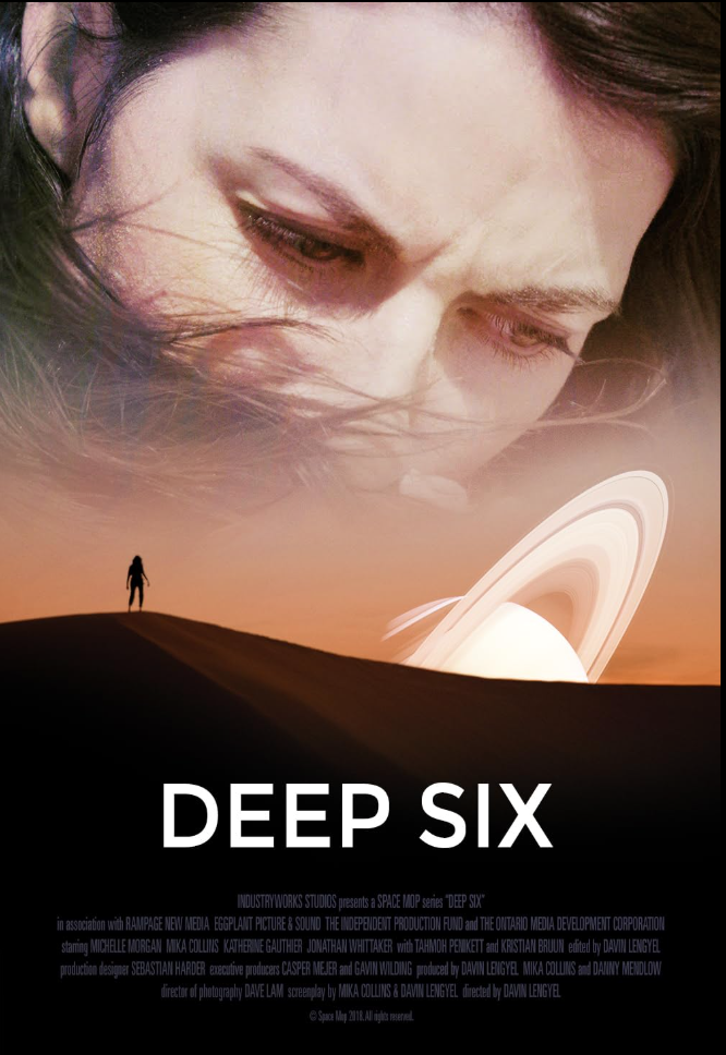 A large face of a woman with closed eyes overlapping a desert landscape with a person standing on a dune and a ringed planet in the sky, with the title 'Deep Six' at the bottom.