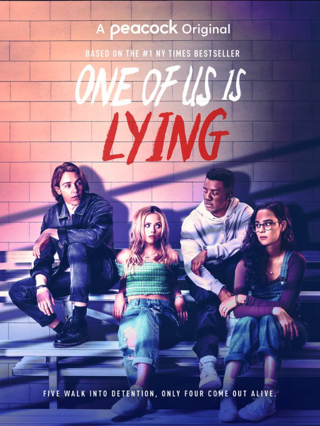 Poster for the Netflix miniseries "One of Us Is Lying" showing four teenagers sitting on bleachers against a brick wall, with the title "One of Us Is Lying" and the tagline "Five walk into detention, only four come out alive."