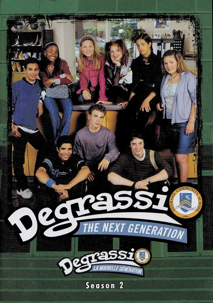 Group of teenagers posing in a school hallway with lockers, books, and shelves in the background, promoting the TV series 'Degrassi: The Next Generation, Season 2'.