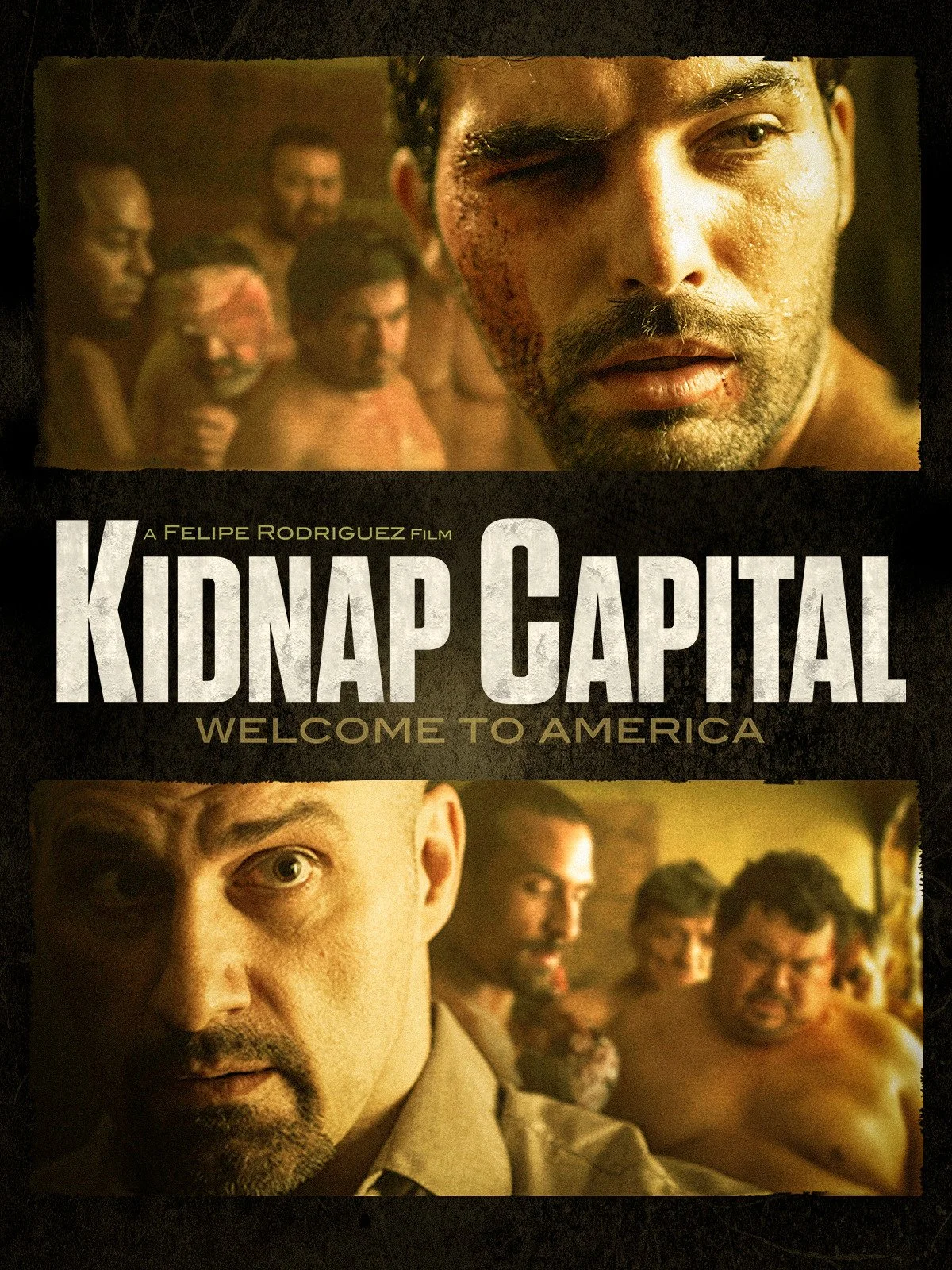 Movie poster for 'Kidnap Capital' showing close-up images of two men with serious expressions, surrounded by a group of shirtless individuals in a dimly lit, gritty setting.