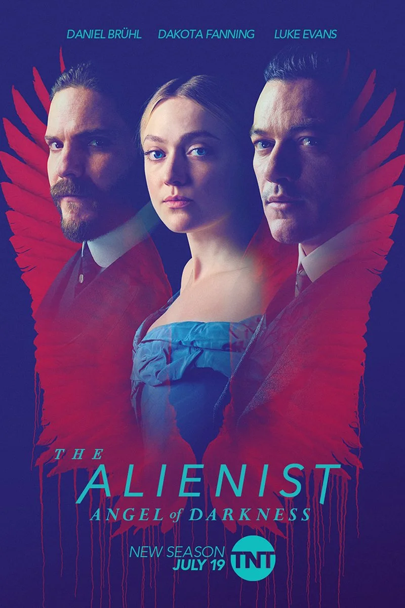 Promotional poster for the TV series "The Alienist: Angel of Darkness" featuring three main characters, three men and a woman, with the men on either side of the woman. The characters are shown from the shoulders up and are looking towards the camera