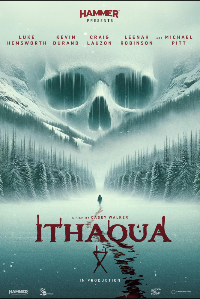 Movie poster for 'Ithquā' featuring a snowy forest, a person walking on water, and a large skull-shaped mountain formed by clouds in the sky.