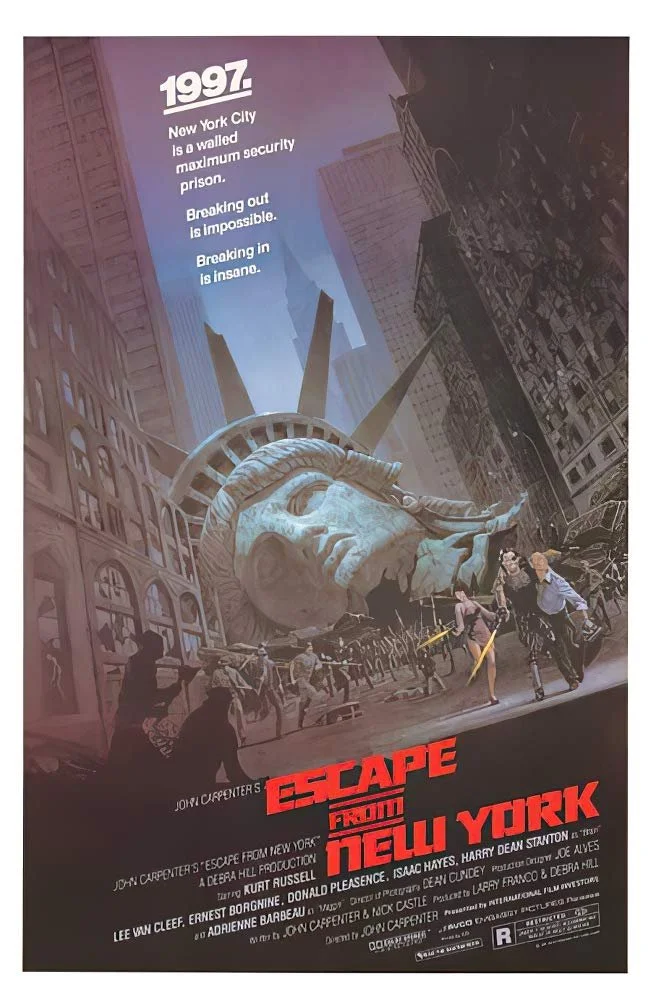 Poster for the movie 'Escape from New York' featuring a destroyed New York City with the Statue of Liberty's head lying on the ground and people running, with a tagline mentioning 1997 and the city being a maximum security prison.