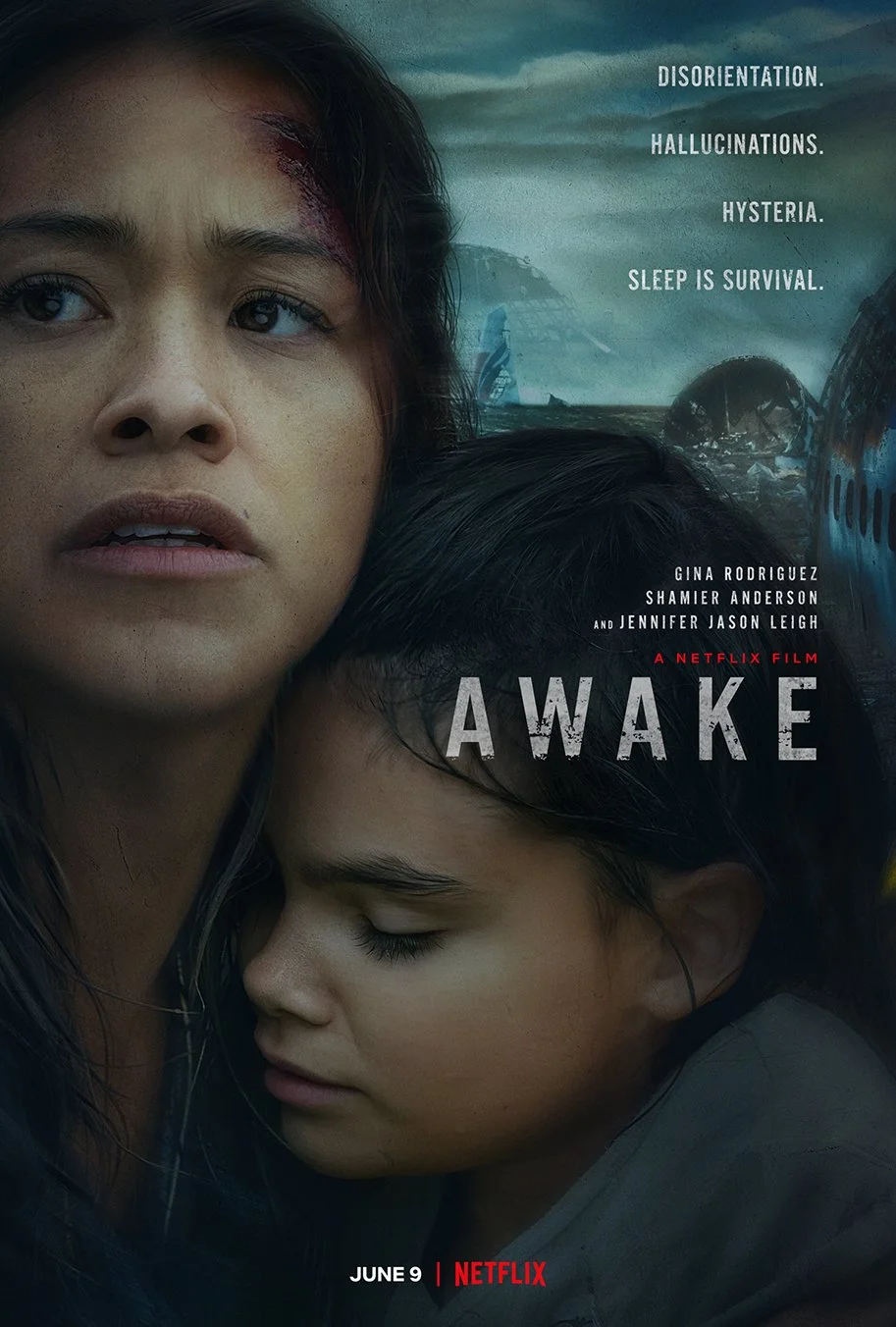 A poster for the Netflix film 'Awake,' showing a woman with a serious expression and a young girl sleeping against her chest, with a dystopian background of a plane crash and destruction.