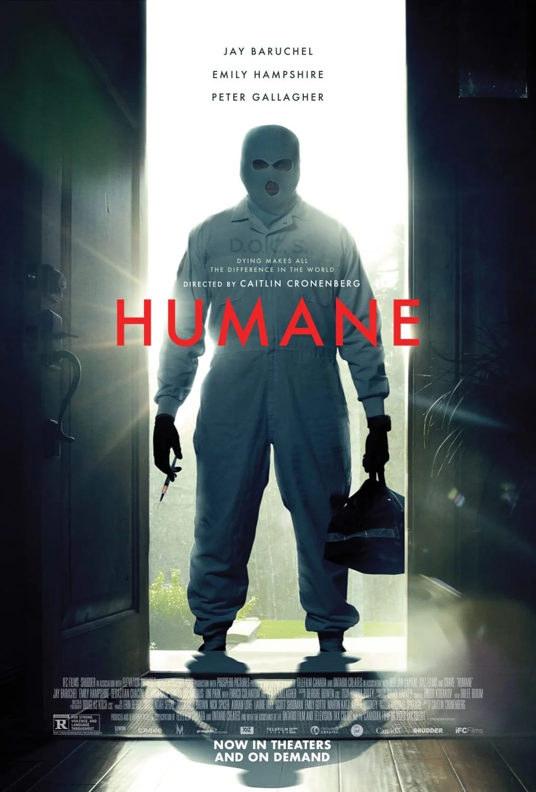 A person standing in a doorway wearing a white mask, coveralls, black gloves, and holding a bag and syringe, with sunlight behind them and the title 'HUMANE' in red letters.