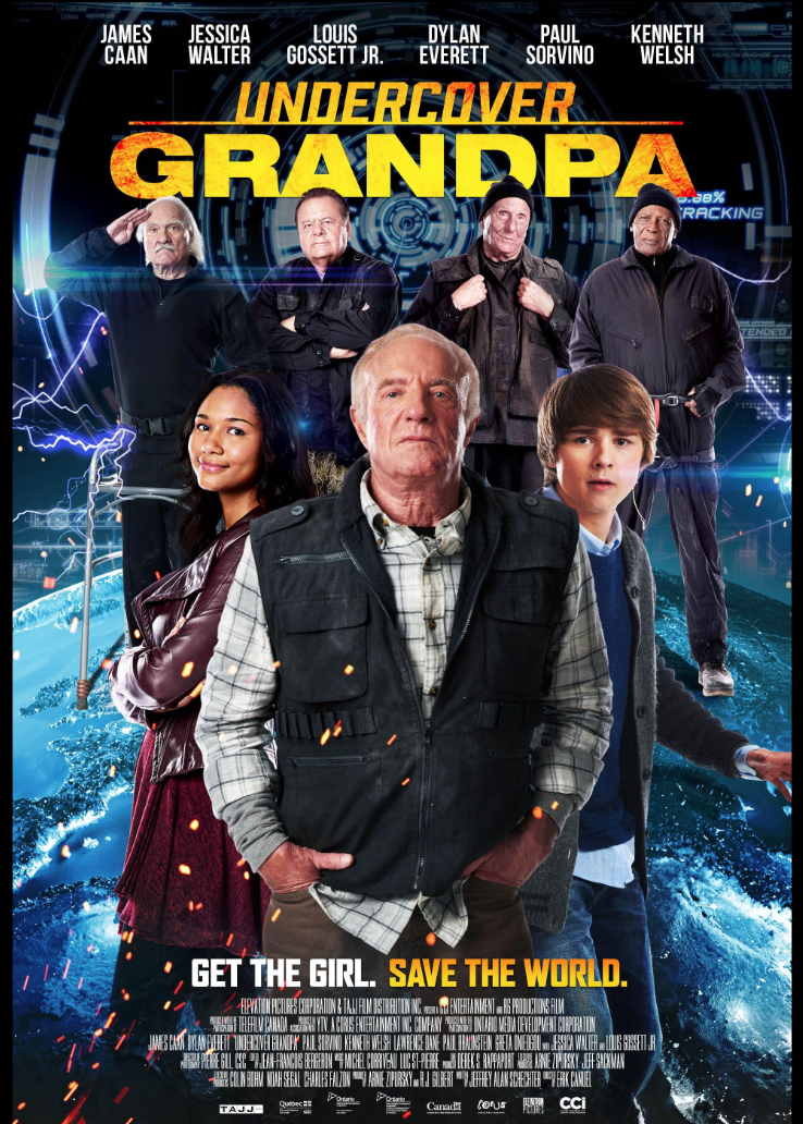 Poster for the movie "Undercover Grandpa" showing six characters, including an older man in the front, a young girl, and a teenage boy, with a digital background and lightning effects. The title is in bold yellow and orange letters, with the tagline 