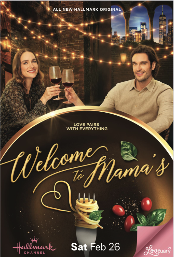 Two people, a woman and a man, sitting at a table in a festive restaurant, holding glasses of red wine, with cityscape and string lights in the background, celebrating a special occasion.