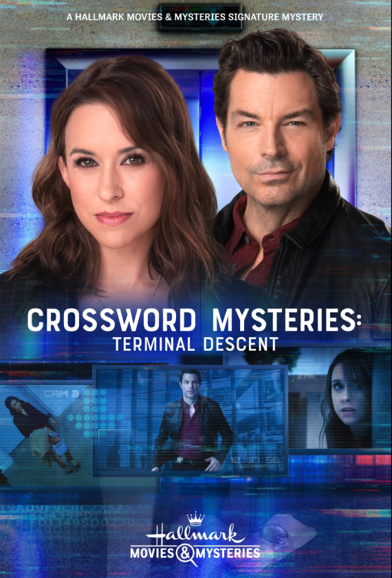 Cover of a Hallmark movie titled 'Crossword Mysteries: Terminal Descent' featuring a woman with brown hair and a man with dark hair, with scenes from a mystery involving a helicopter, a woman at a computer, and a man in an airport or terminal setting