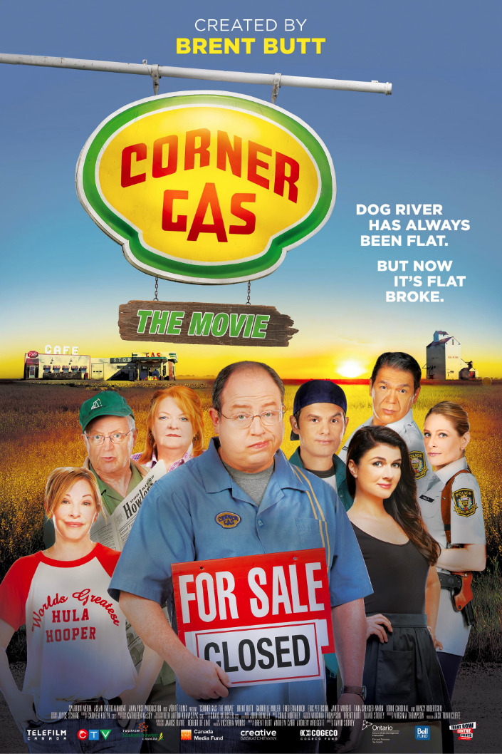 Movie poster for "Corner Gas: The Movie" featuring characters in front of a rural background with the sun setting, a large Corner Gas sign, and a for sale sign on a gas station.
