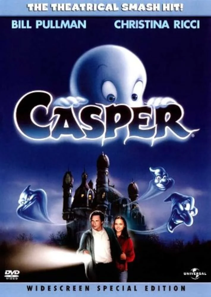 Movie poster for 'Casper,' featuring a large friendly ghost at the top, the movie title in stylized text, ghostly faces around a haunted house, and two human characters walking with a flashlight.