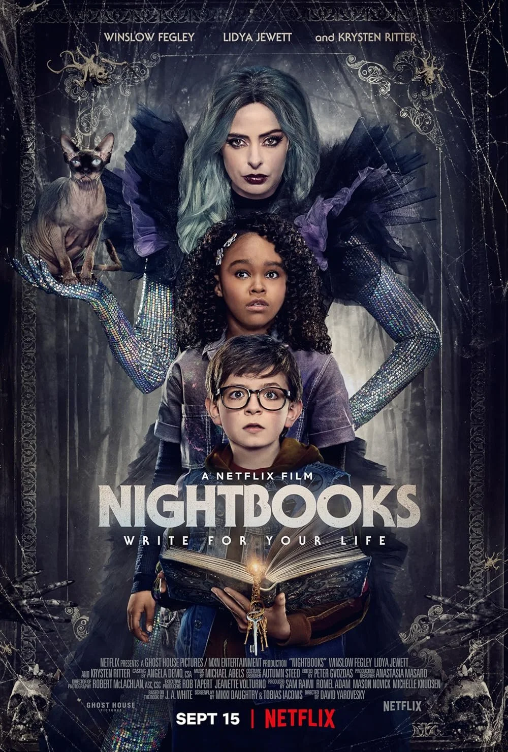 A promotional poster for the Netflix film 'Nightbooks' featuring three children and a woman with teal hair. The woman holds a talking black cat with green eyes and pointed ears. The background is dark with cobwebs and magical symbols.