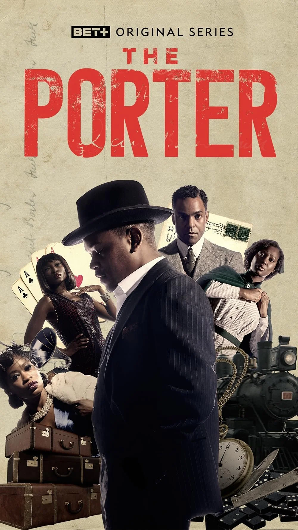 Poster for the BET+ original series 'The Porter', featuring a man in a pinstripe suit and fedora in foreground, three women in vintage attire, a train, assorted luggage, a clock, and playing cards in the background.