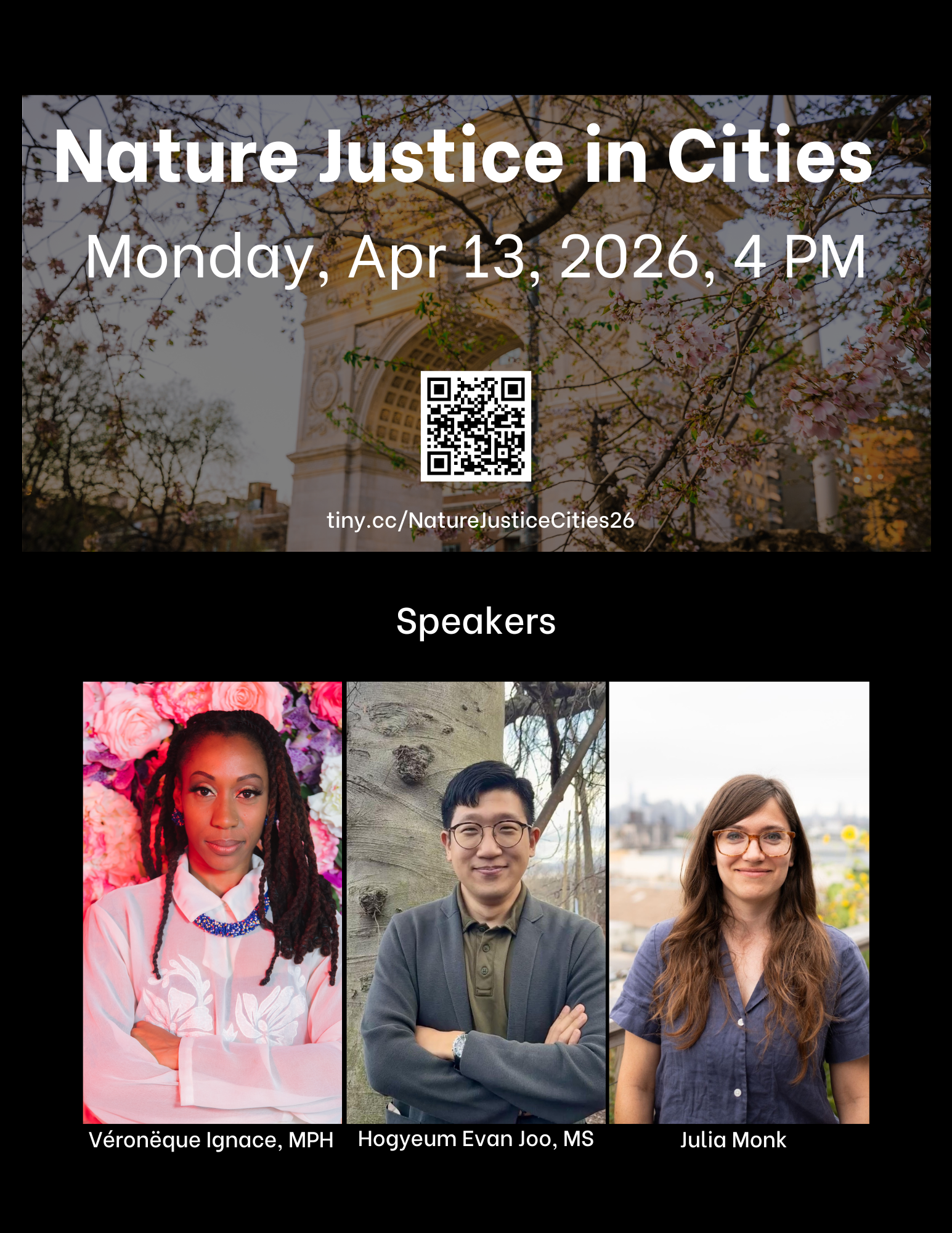 Flyer for Nature Justice in Cities on Monday April 13 at 4 PM. Panelists names and photos are included on the flyer.