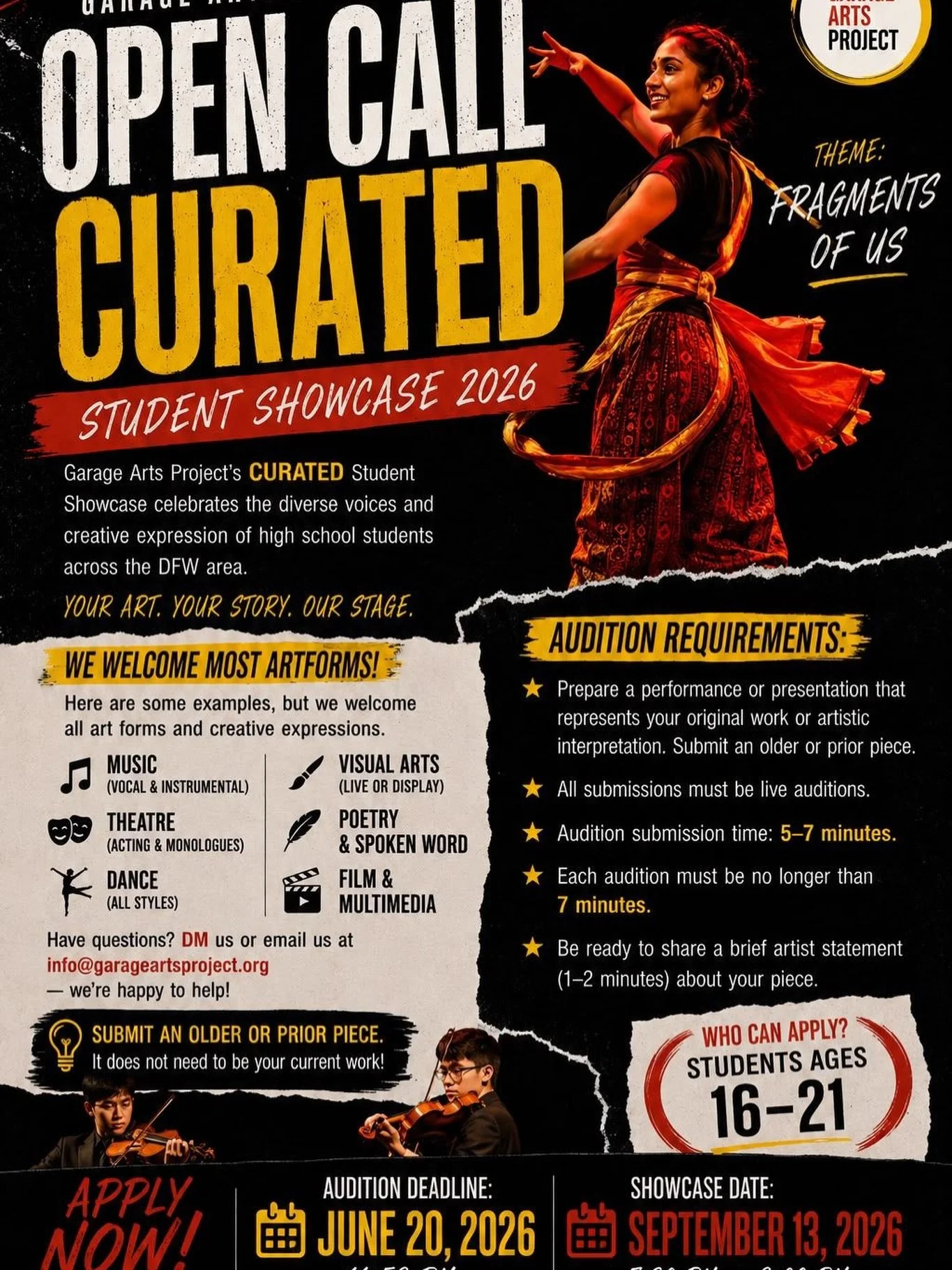 🔔 Calling all students! 

Garage Arts Project invites young artists from the Dallas&ndash;Fort Worth Metroplex and adjoining areas to share original work across performance, literary, and visual art forms on September 13, 2026 at the Frisco Discover