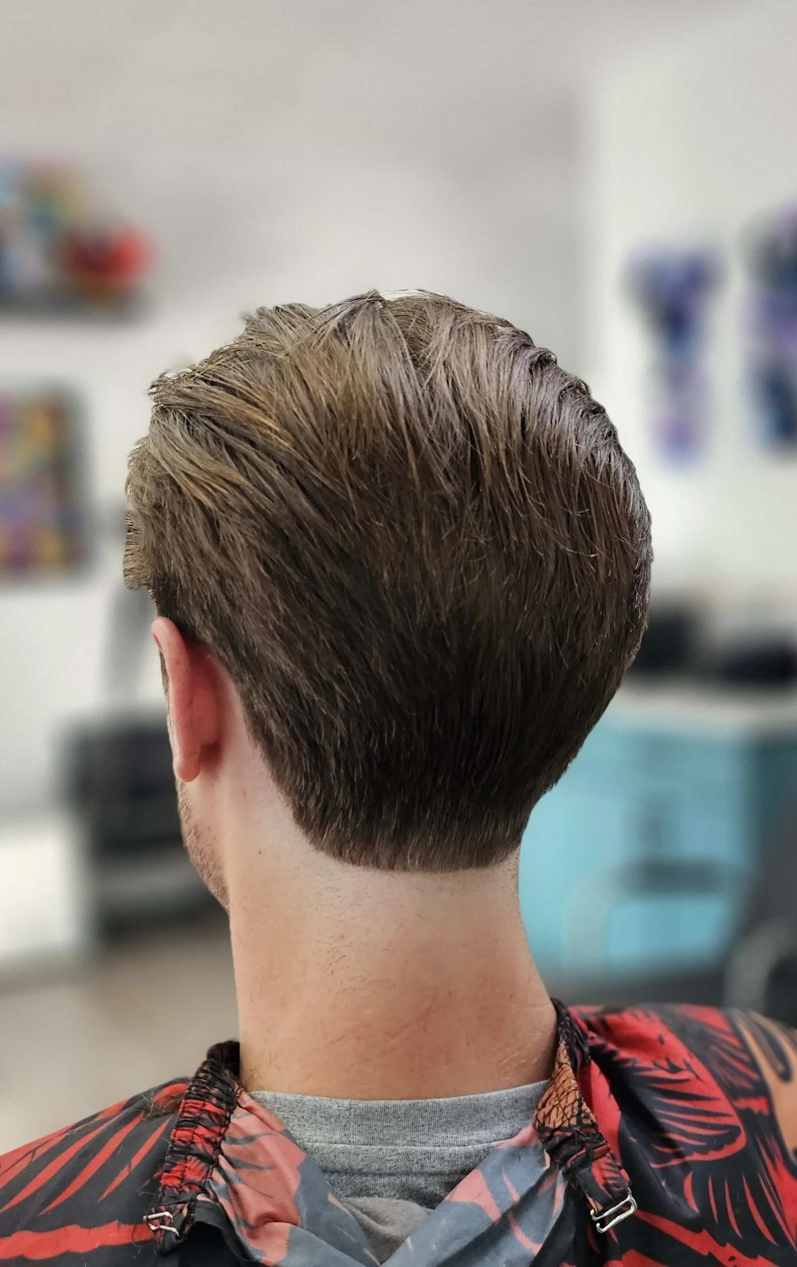 The back of a person's head showing a short, styled haircut with brown hair. The person is wearing a colorful, patterned shirt and a gray T-shirt underneath, with a blurred background featuring some shelves and artwork.