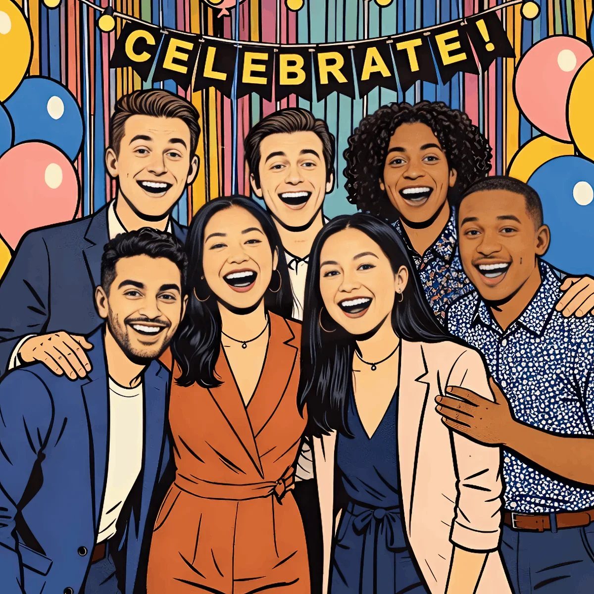 A group of diverse young adults celebrating, smiling, with colorful balloons and a banner that says 'Celebrate!' in the background.