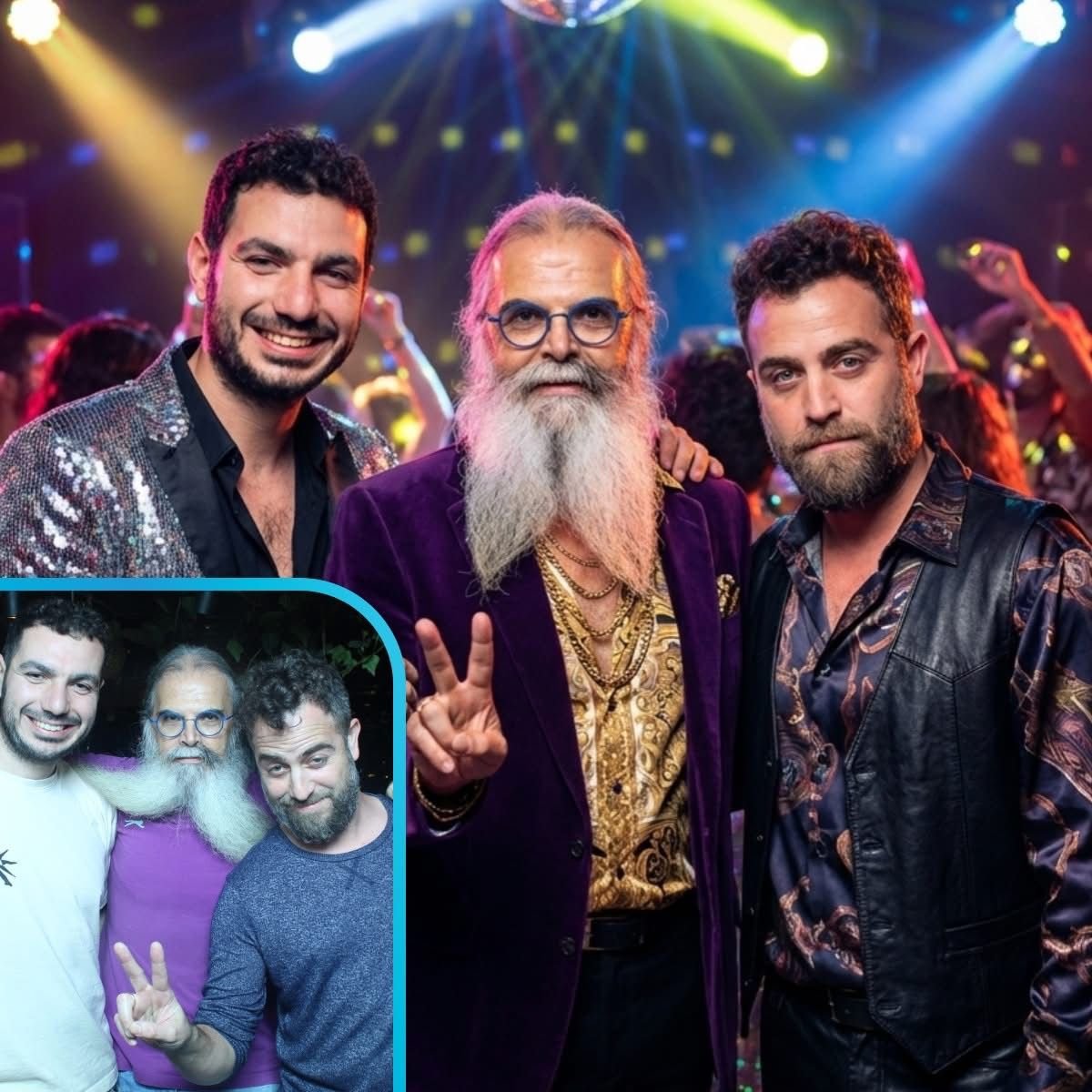 Three men at a party, one with a silver glitter jacket, one with glasses and a long beard making a peace sign, and another with a beard in a leather jacket, with colorful party lights in the background. An inset shows three men smiling and making pea
