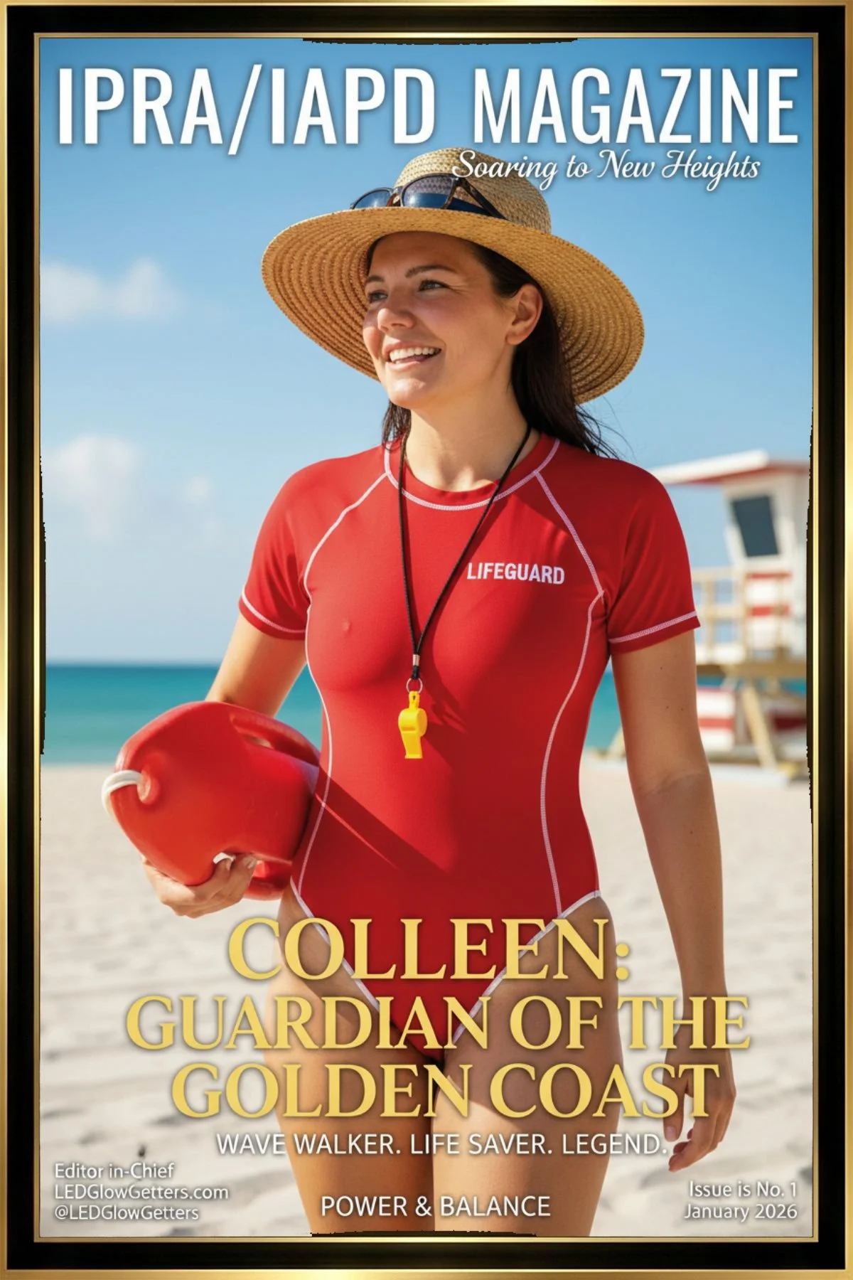 Magazine cover featuring a woman in a lifeguard uniform holding a rescue buoy on a beach, wearing a large sun hat and whistle.