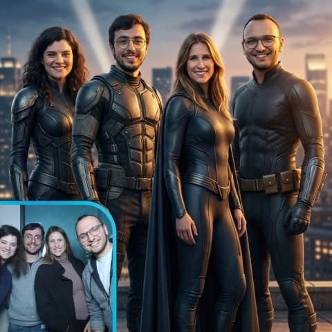 Four people dressed in superhero costumes standing on a rooftop at sunset, with a city skyline in the background. There is a small inset photo of four people in casual clothing in the bottom left corner.