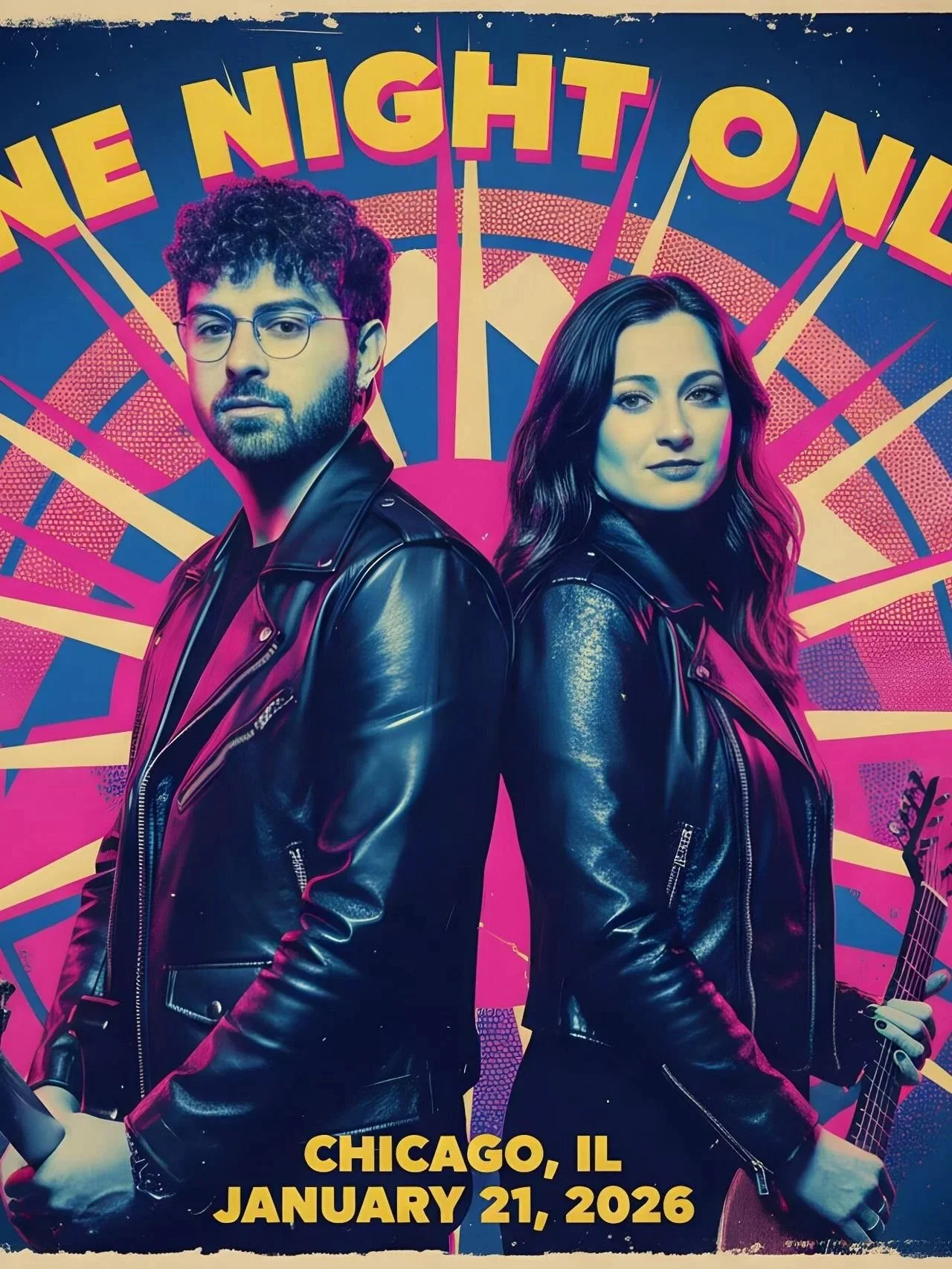 A poster featuring two young adults, a man with curly hair and glasses, and a woman with long dark hair, both wearing black leather jackets. The backdrop is colorful with pink, yellow, and blue geometric patterns, and the poster announces a concert t