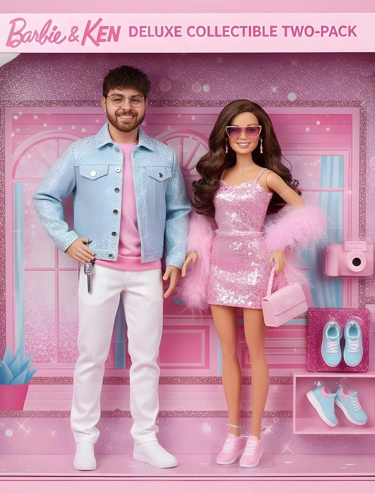 Two dolls, a male and a female, dressed in fashionable pink and blue outfits, standing in front of a pink backdrop with shoes and accessories displayed around them.