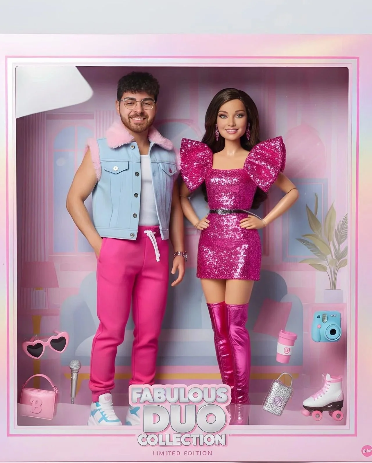 Doll display of a male and female doll in pink fashion outfits inside a pink-themed box with accessories.