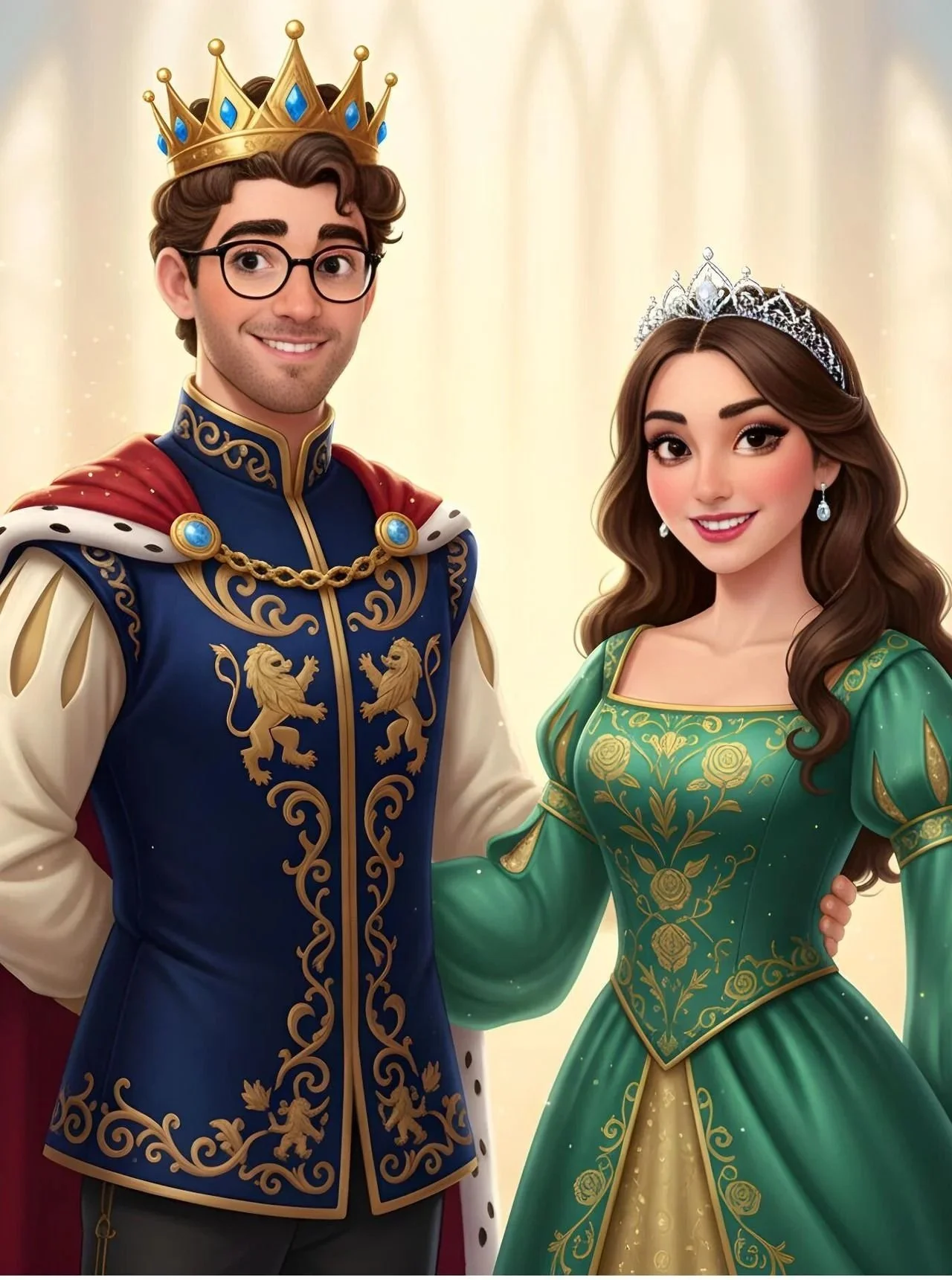 Animated prince and princess characters dressed in royal attire, with the prince wearing a crown and a blue and gold outfit, and the princess wearing a tiara and a green dress with gold embroidery, standing together in a fantasy-themed background.
