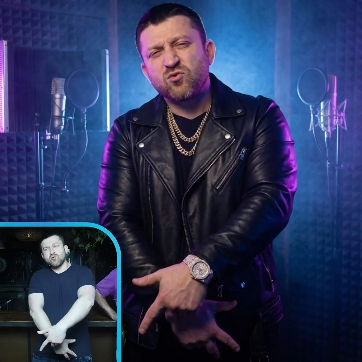 A man wearing a black leather jacket, gold chains, and a large wristwatch, posing with a confident facial expression in a recording studio with purple and blue lighting. In a smaller inset photo, another man is making a hand gesture with a playful ex