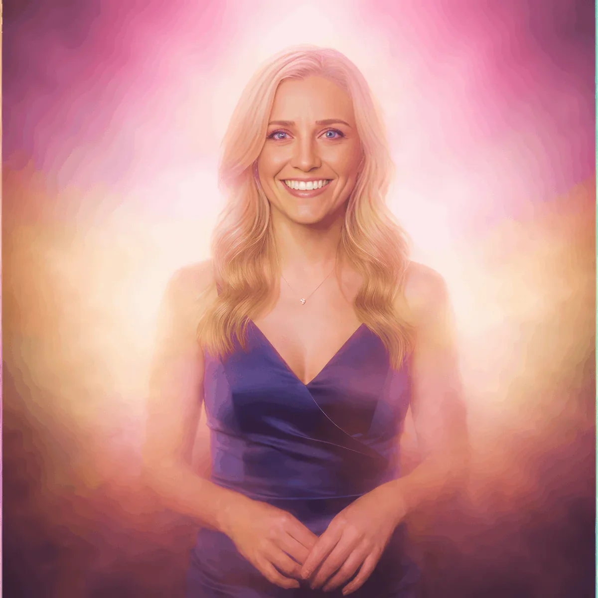 A woman with long, blonde hair and a bright smile wearing a dark purple dress, standing against a glowing, colorful background with pink, purple, and orange hues.
