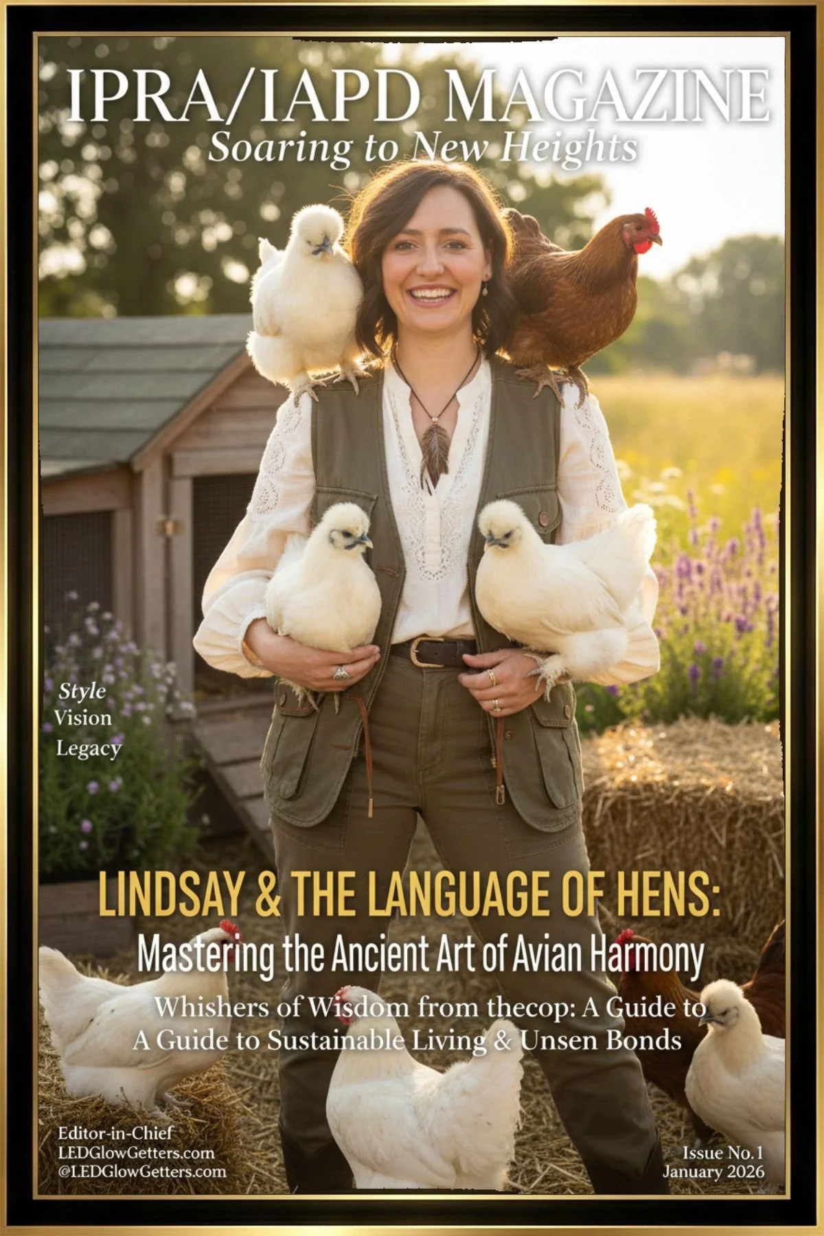Cover of IPRA/IAPD Magazine featuring a woman holding chickens and with hens on her shoulders, standing outside in a farm setting.