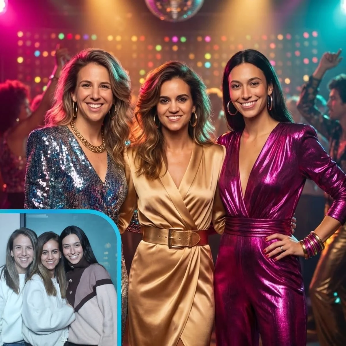 Three women in glamorous outfits posing at a lively nightclub or party with colorful lights and dancing in the background.