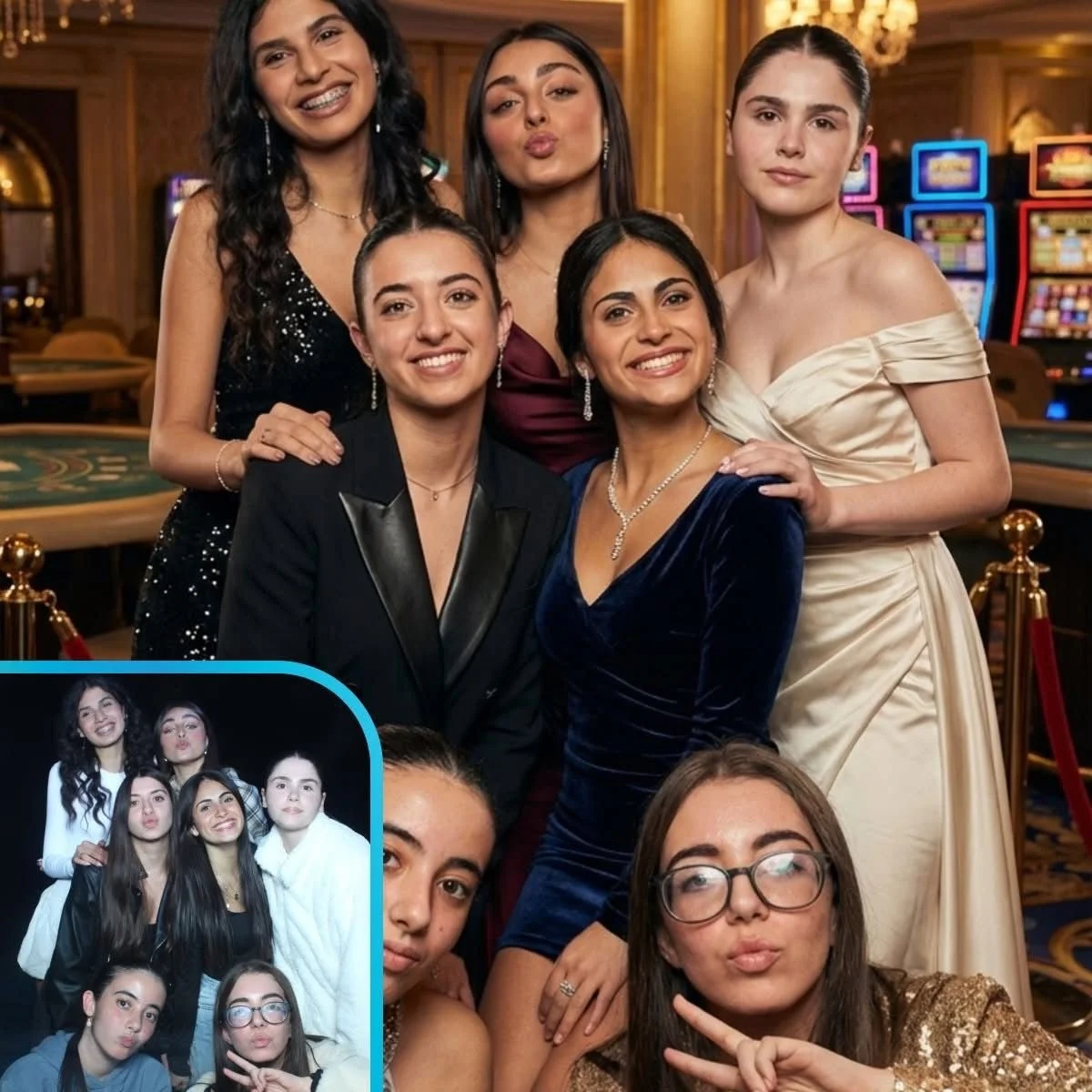Group of six women dressed in formal attire posing together in a casino or hotel setting, with slot machines in the background.
