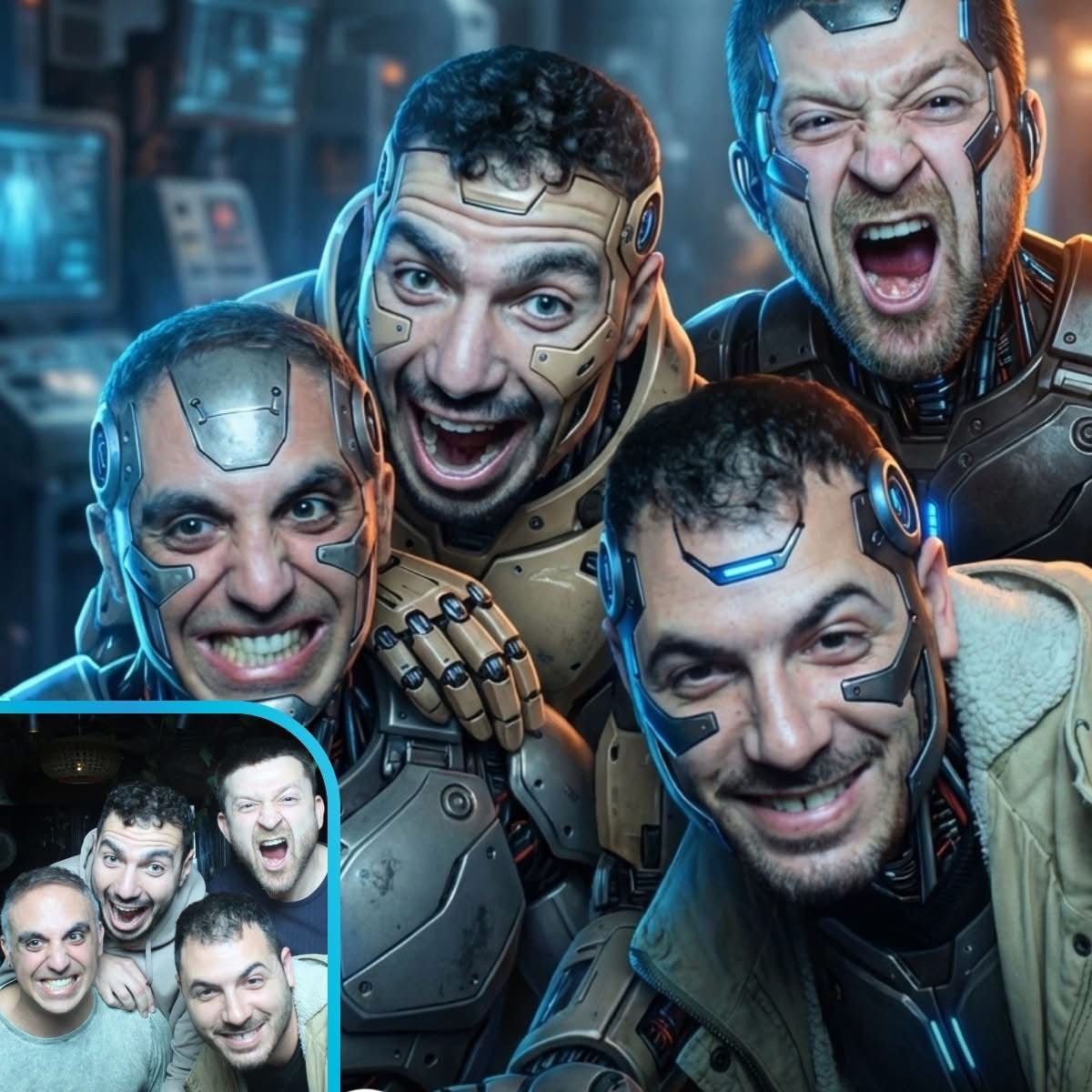 Four men wearing futuristic cybernetic costumes and headsets, smiling and making energetic expressions, in a high-tech environment.