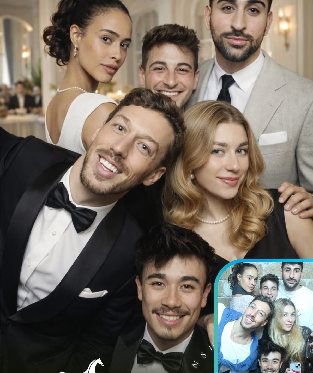Six young adults dressed up at a formal event, taking a group selfie in an elegant setting.