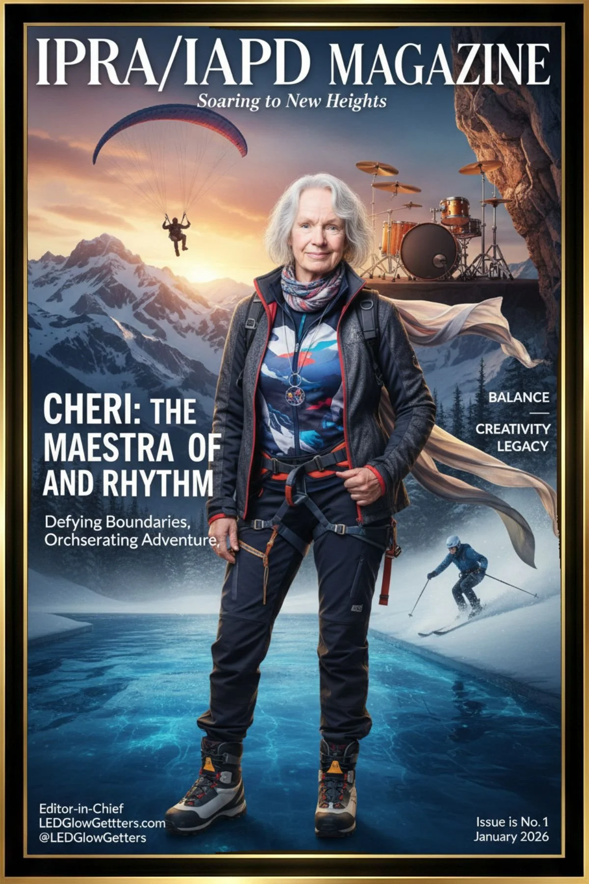 Magazine cover featuring Cheri standing outdoors with snow-covered mountains, a skier, a parachutist, and musical drums in the background. The cover highlights themes of balance, creativity, and legacy, with text about defying boundaries and orchestr