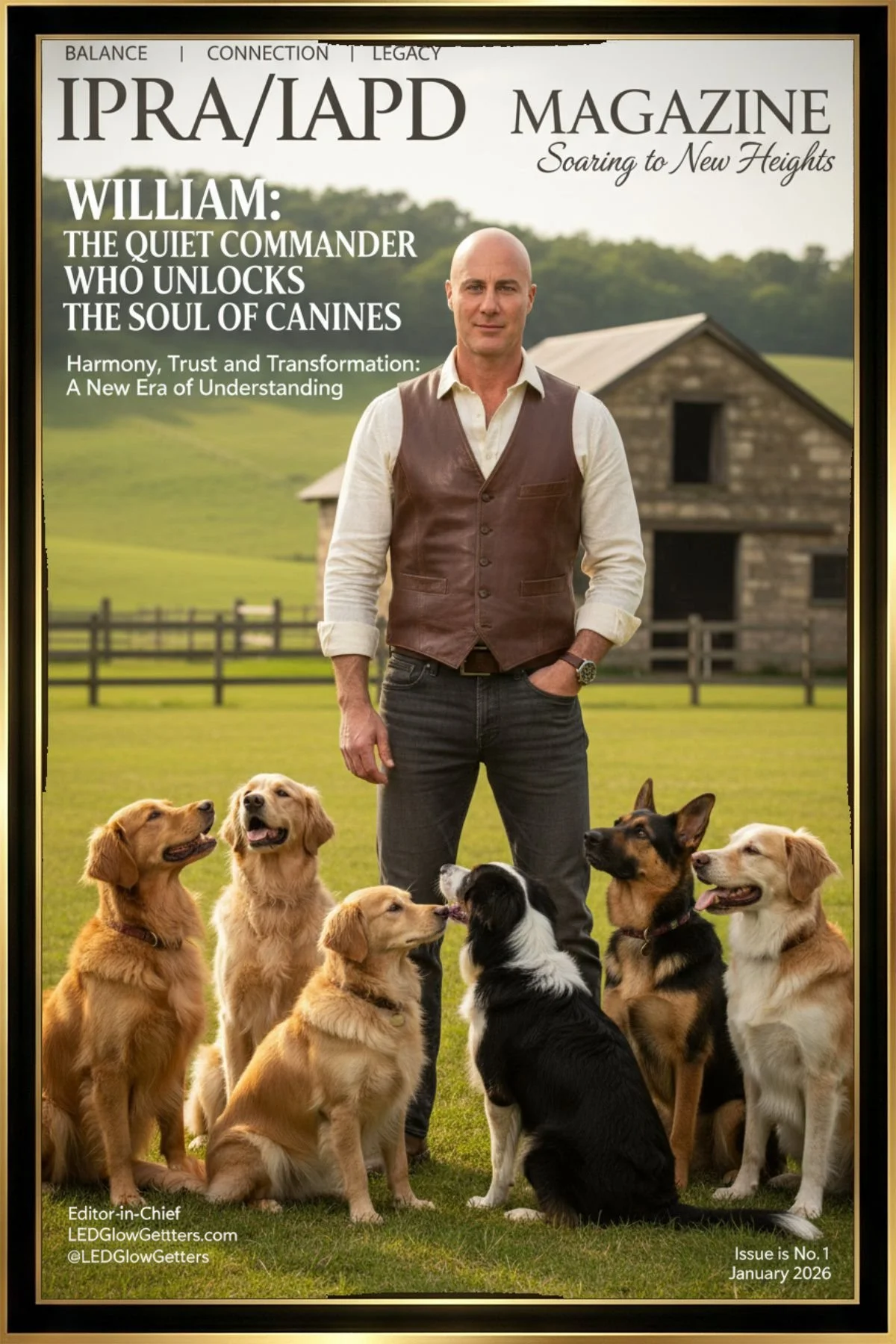 Cover of IPR/ LAPD Magazine with a man standing outdoors, surrounded by eight dogs of various breeds, with a large grassy area and a barn in the background.